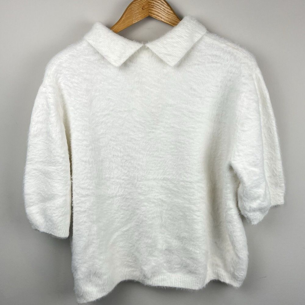 H&M Fuzzy Pearl Short Sleeve Collar Oversized Christmas Sweater Women's Size M - Picture 2 of 16